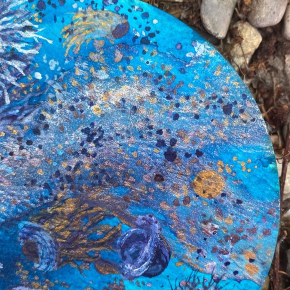 Unframed Original Art Watercolour & Brusho on Circular Paper Cosmic Ocean Vibes - Picture 5 of 5